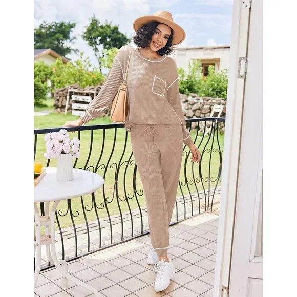 Women Cream Pajamas Set Waffle Knit Long Sleeve Lounge Set 2 Piece Pj Loungewear